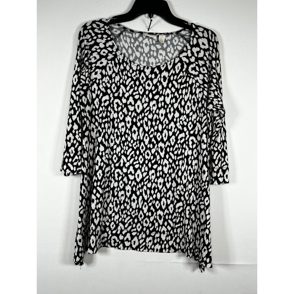 Chico's Shirt Womens 1 M Black Animal Print Scoop Neck 3/4 Bell Sleeve Tunic